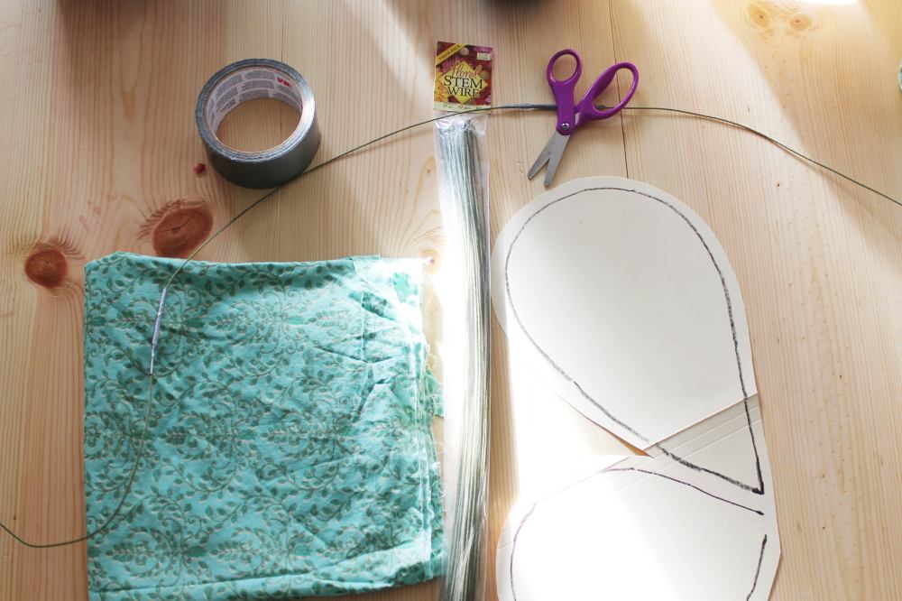 Supplies: lightweight cotton fabric, floral wire, tape to wrap around the wire ends, paper wing pattern